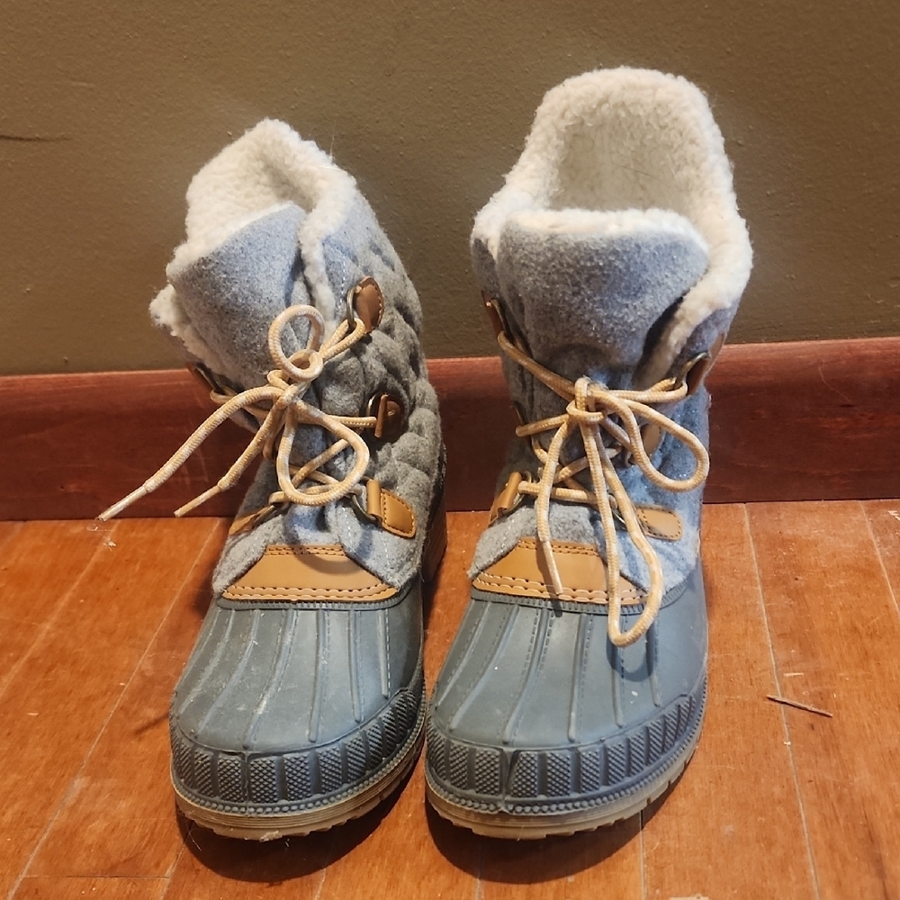 Gray and Tan Winter Rain Boots with Fleece Lining